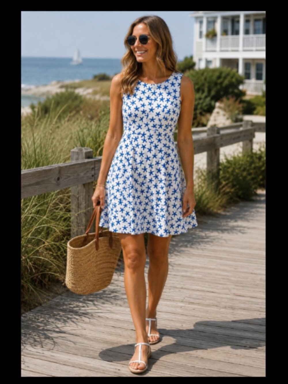 Nine West Shift Dress Blue White Starfish Nautical Sleeveless A-Line Beach 4